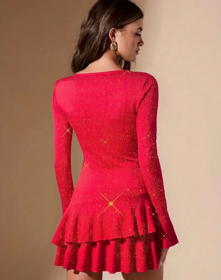 Kırmızı V Yaka Mini Parlak Elbise - Görsel 2