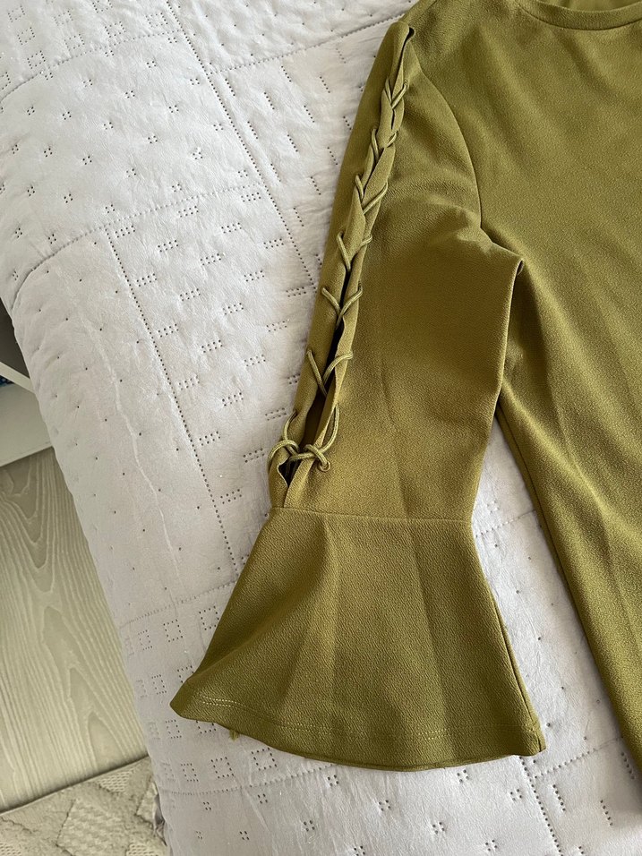Kadın Haki Keten Uzun Kollu Bluz - Görsel 2