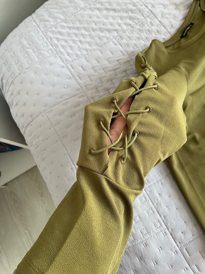 Kadın Haki Keten Uzun Kollu Bluz - Görsel 3