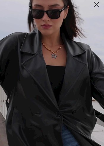 Oversize Kesim Şık Siyah Deri Trençkot - Görsel 6