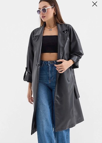 Oversize Kesim Şık Siyah Deri Trençkot - Görsel 2