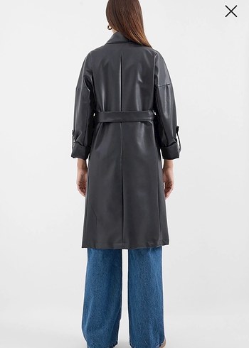 Oversize Kesim Şık Siyah Deri Trençkot - Görsel 7