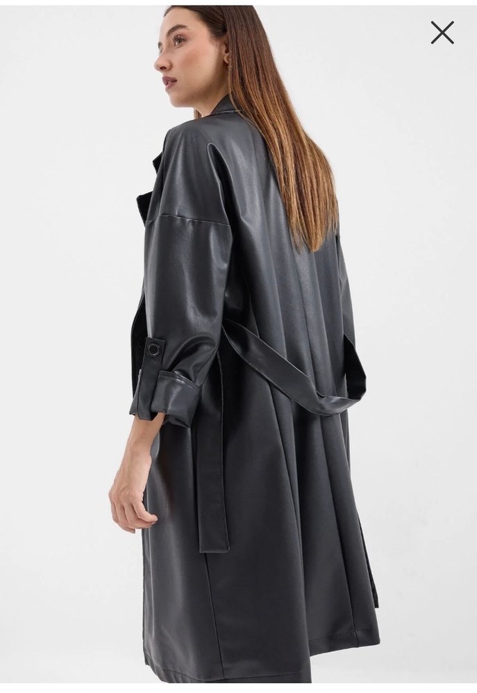 Oversize Kesim Şık Siyah Deri Trençkot - Görsel 4