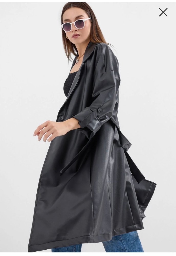 Oversize Kesim Şık Siyah Deri Trençkot - Görsel 3