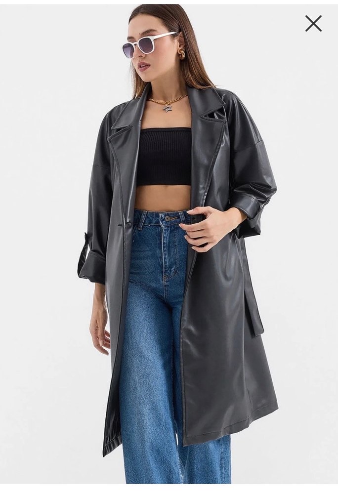 Oversize Kesim Şık Siyah Deri Trençkot - Görsel 2