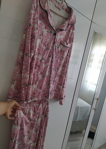 xl Beden Pembe Bohem Uzun Kollu Midi Pijama Takımı