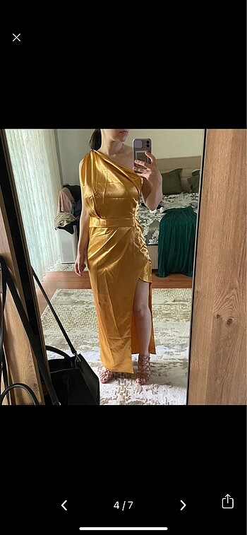 s Beden altın Renk Bliss Atelier Gold Saten Elbise