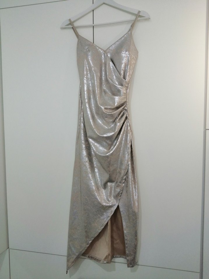 Parlak Gri Drapeli Midi Abiye Elbise - Görsel 3