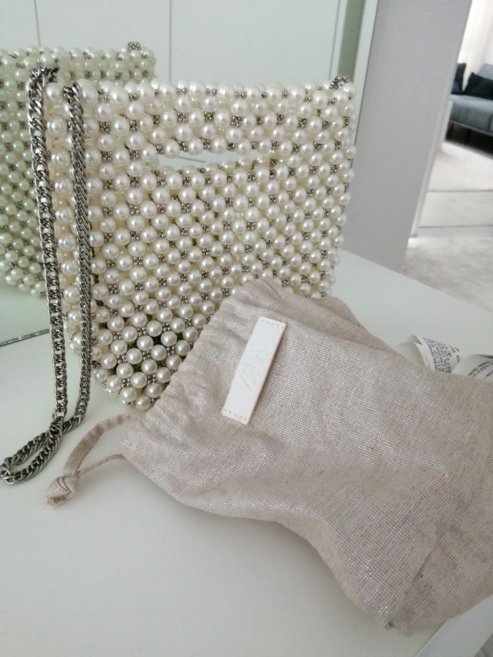 Zara Boncuk İşlemeli Beyaz Örgü Kadın Çanta - Görsel 2