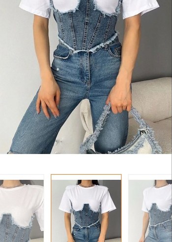 Beyaz Kot Korse Detaylı Kısa Tişört - Görsel 2