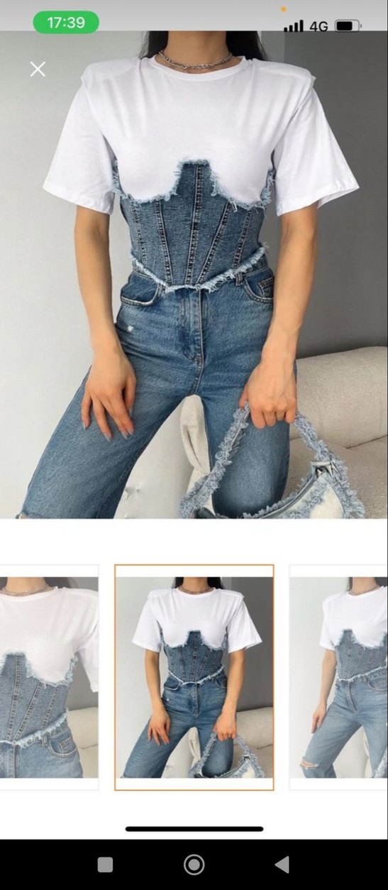 Beyaz Kot Korse Detaylı Kısa Tişört - Görsel 2