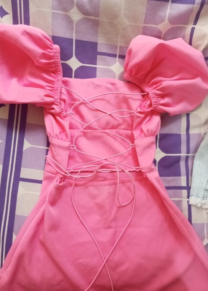 Mini arkası bağlamalı pembe elbise  - Görsel 5