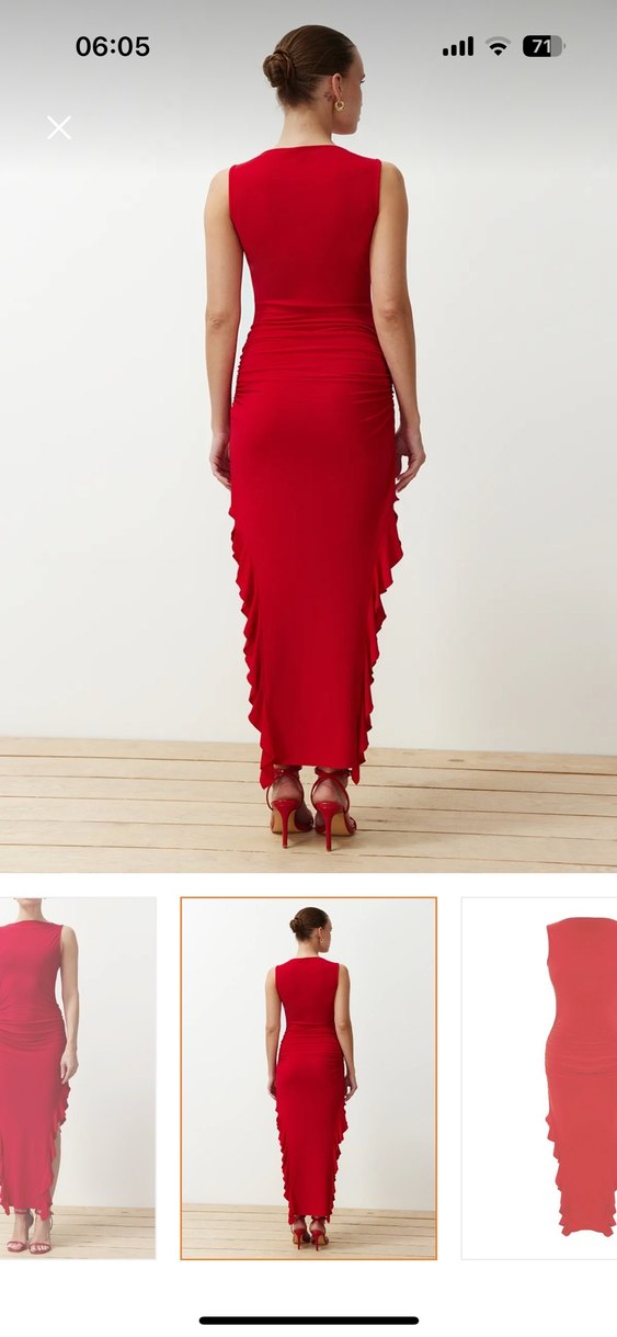 Kırmızı Bodycone Yırtmaçlı Fırfır Detaylı Elbise - Görsel 4