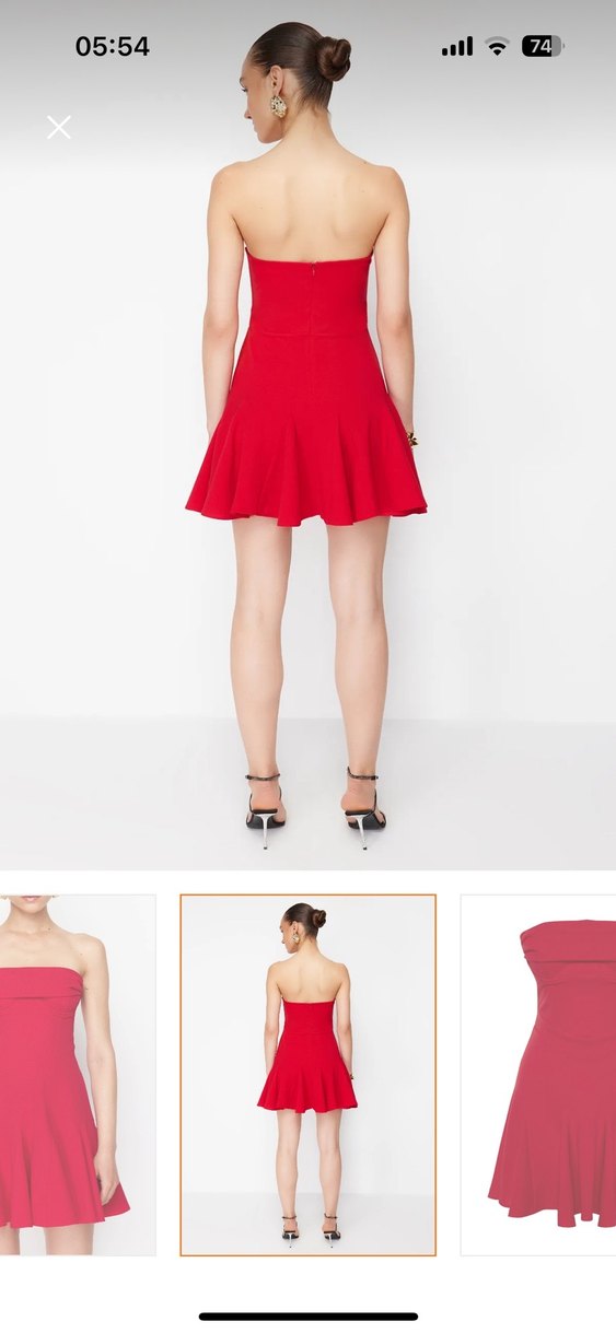 Trendyolmilla x Zeynep Tosun Kırmızı Örme Straplez Şık Abiye - Görsel 3