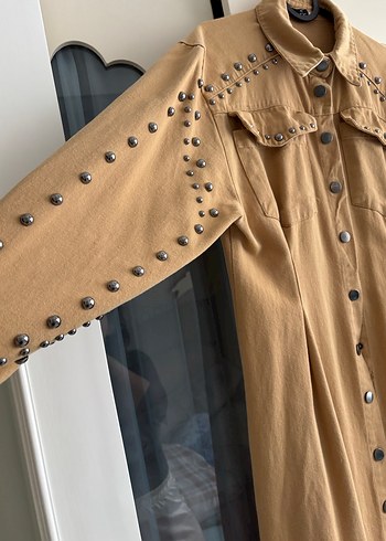 Bej Düğmeli Uzun Süet Elbise - Görsel 3