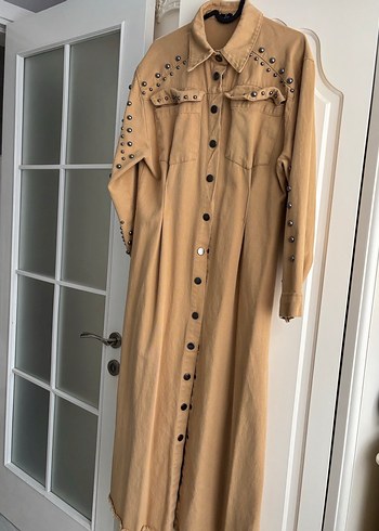 Bej Düğmeli Uzun Süet Elbise - Görsel 2