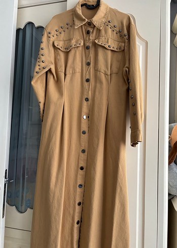 Bej Düğmeli Uzun Süet Elbise - Görsel 4