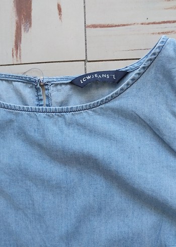 l Beden Mavi Denim Kolsuz Elbise