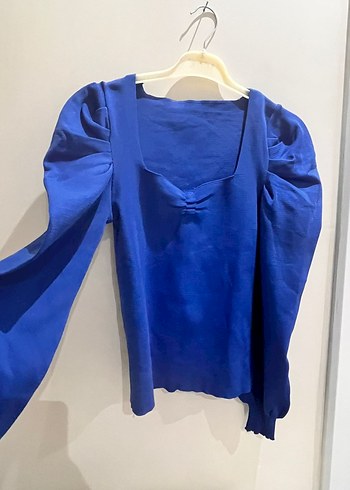 Mavi Kadın Keten Bluz, Uzun Kollu, Salaş - Görsel 3