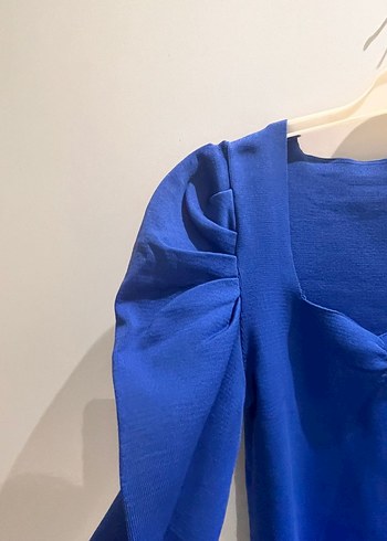 Mavi Kadın Keten Bluz, Uzun Kollu, Salaş - Görsel 2