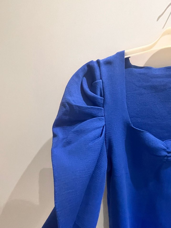 Mavi Kadın Keten Bluz, Uzun Kollu, Salaş - Görsel 2