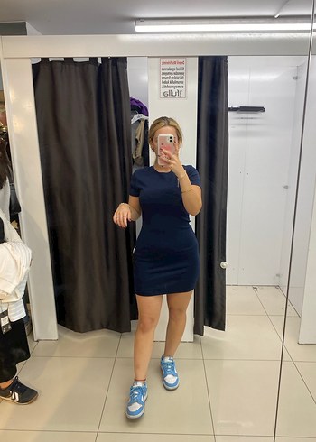 Diğer Mavi Denim Mini Elbise, Kısa Kollu, Dar Kesim