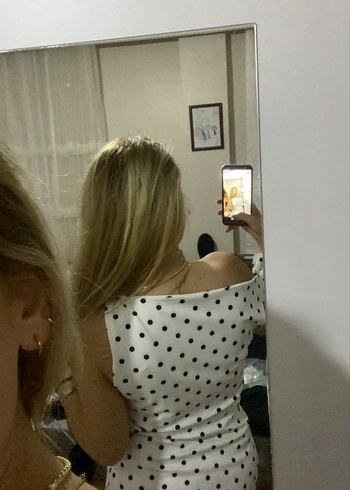 Beyaz Puantiyeli Straplez Mini Elbise - Görsel 2