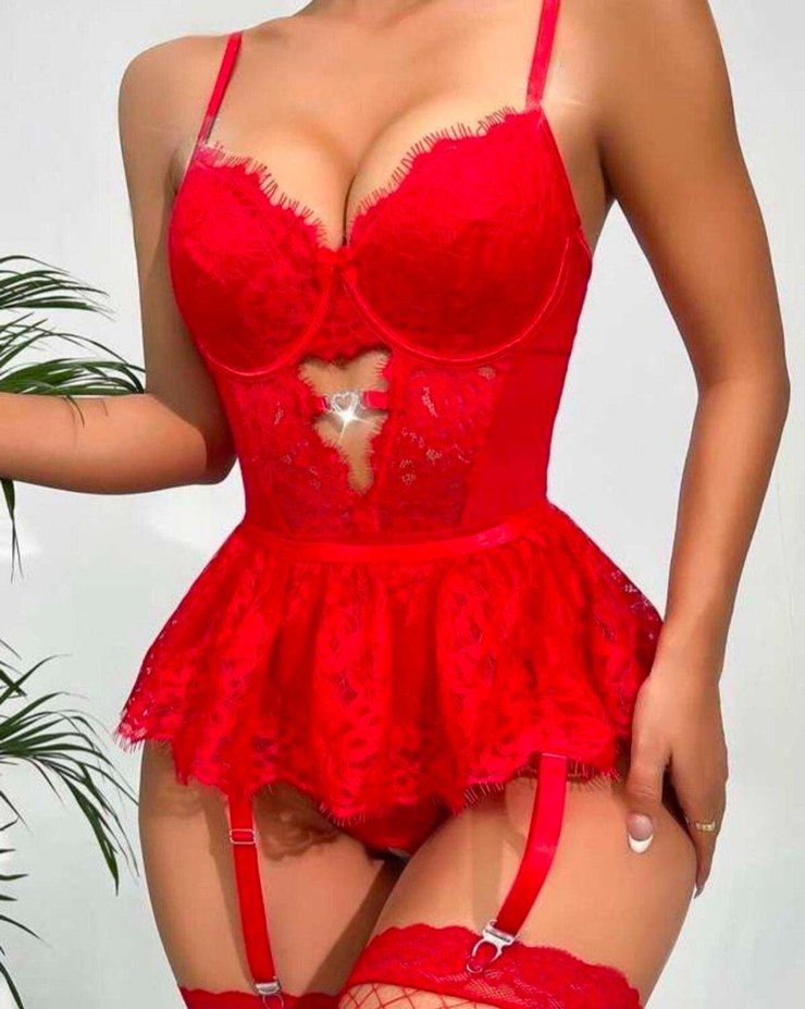 Kırmızı Dantelli Straplez Mini Büstiyer - Görsel 3