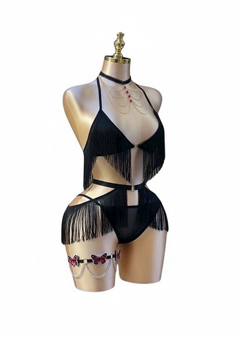 Püsküllü Siyah Bohem Bikini - Görsel 3