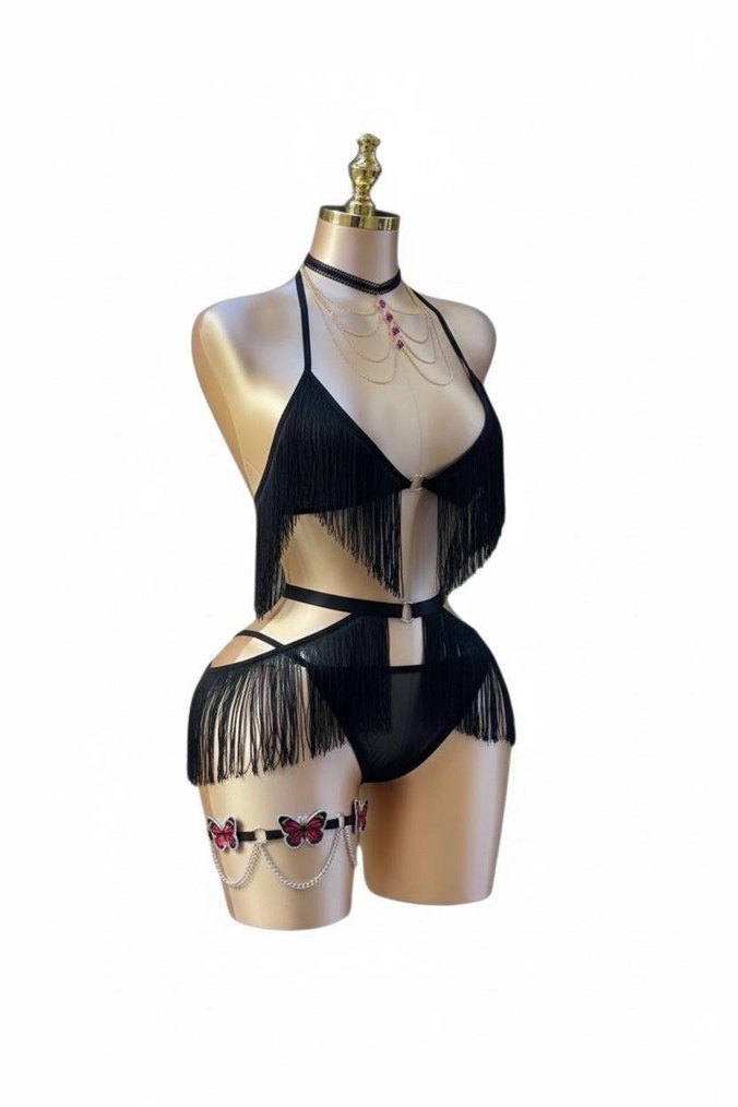 Püsküllü Siyah Bohem Bikini - Görsel 3