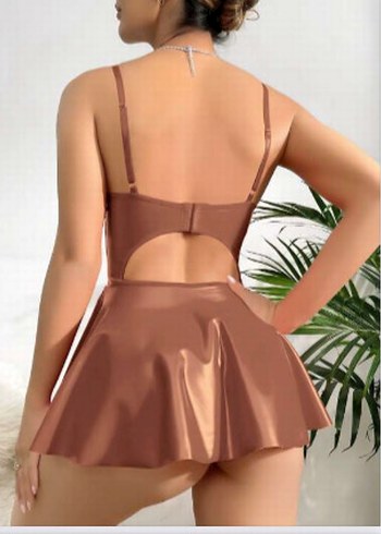 Derin Göğüs Detaylı Siyah Deri Mini Elbise - Görsel 4