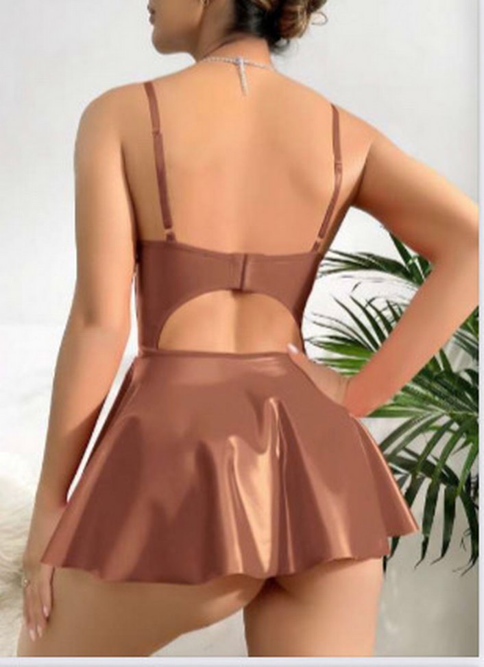 Derin Göğüs Detaylı Siyah Deri Mini Elbise - Görsel 4