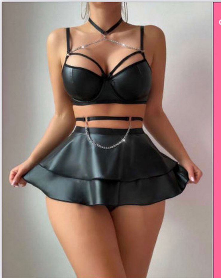 Derin Göğüs Detaylı Siyah Deri Mini Elbise - Görsel 5