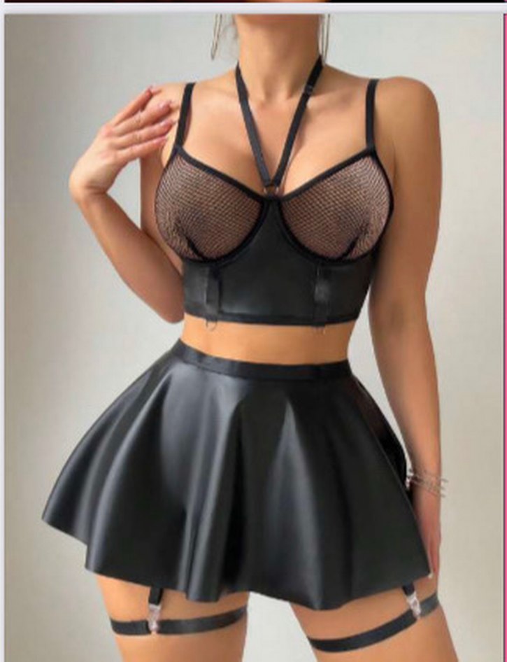 Derin Göğüs Detaylı Siyah Deri Mini Elbise - Görsel 3