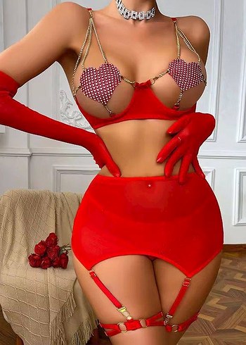 Nakışlı Kırmızı Mini Sütyen ve Aksesuar Seti - Görsel 4