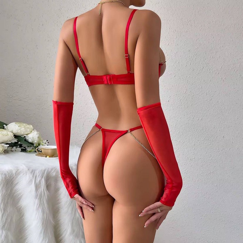 Nakışlı Kırmızı Mini Sütyen ve Aksesuar Seti - Görsel 3