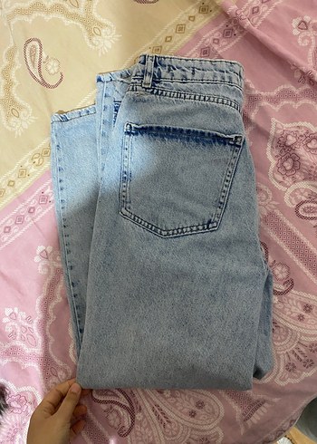 Düğmeli, bol kesim, midi boy mavi kot pantolon - Görsel 2