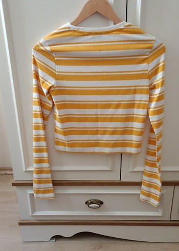 s Beden sarı Renk Sarı Çizgili Uzun Kollu Crop Top