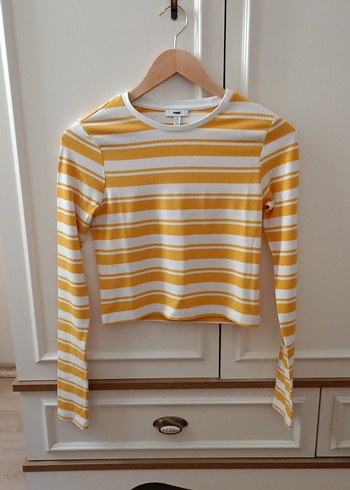 Sarı Çizgili Uzun Kollu Crop Top