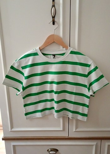 Yeşil Çizgili Crop Kadın Tişört