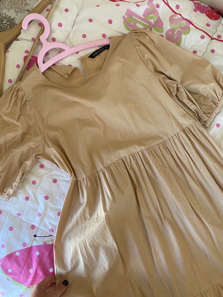 Bej Renkli Fırfırlı Uzun Keten Elbise - Görsel 4