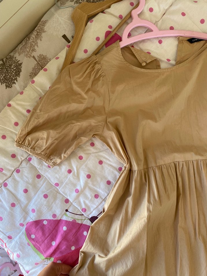 Bej Renkli Fırfırlı Uzun Keten Elbise - Görsel 2