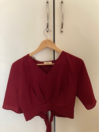 Bordo yarasa kollu crop bluz