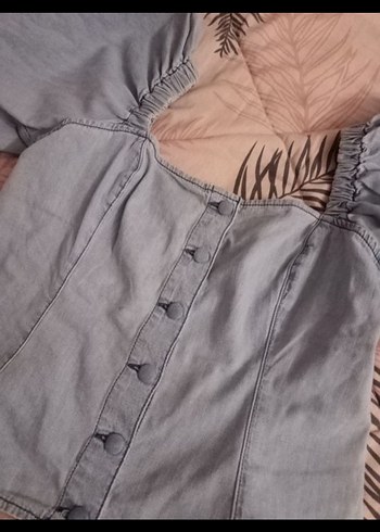 Diğer Gri Denim Kadın Bluz Düğmeli, Salaş Kesim