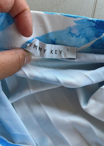 l Beden mavi Renk Jimmy Key Mavi Çiçek Desenli Pilili Midi Etek