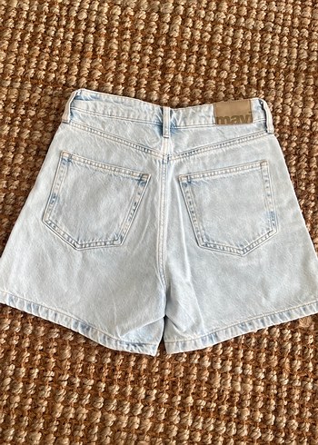 Mavi Bej Bağlama Desenli Kısa Denim Şort