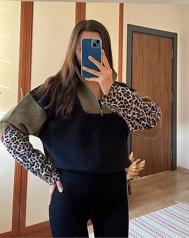 Leopar Desen Hakim Yaka Sweatshirt