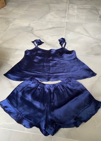 s Beden Parlak Mavi Mini İp Askılı Kadın Pijama Takımı