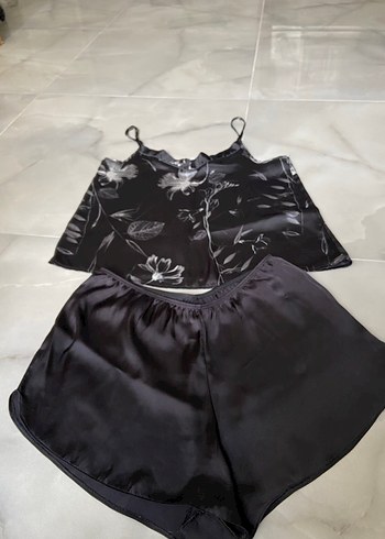 Siyah Kadın Mini Saten Pijama Takımı