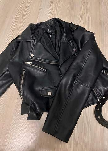Stradivarius Siyah Deri Biker Ceket